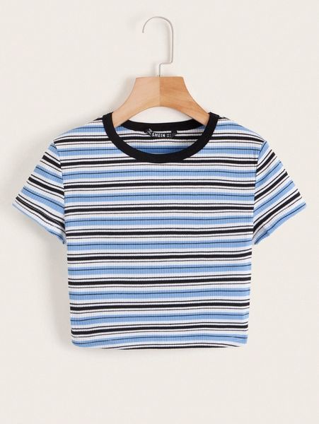 

contrast neck striped rib-knit crop tee e2xz#, White