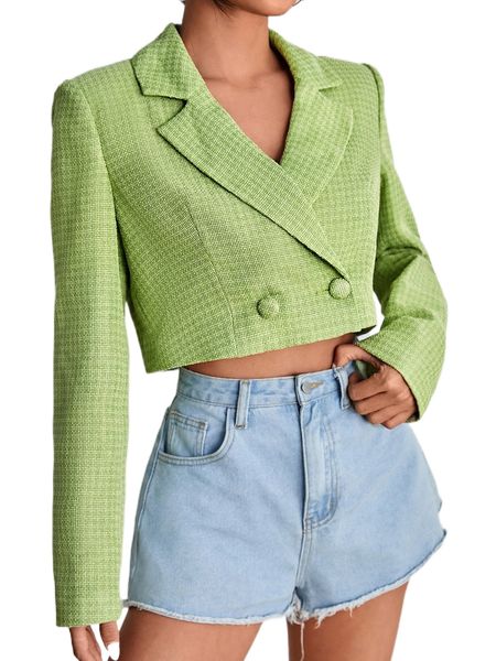 

lapel collar button front crop blazer h8m3#, White