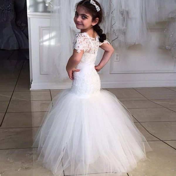 Stock 2-14 anni in pizzo Tulle Flower Girl Dresss Bows First Sante Comunione Abito Mermaid Princess Abito da matrimonio Abito da matrimonio Abito da matrimonio