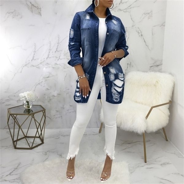 

denim jackets washed blue ripped jeans coat thin women autumn winter casual holes female collar outwear 220817, Black;brown