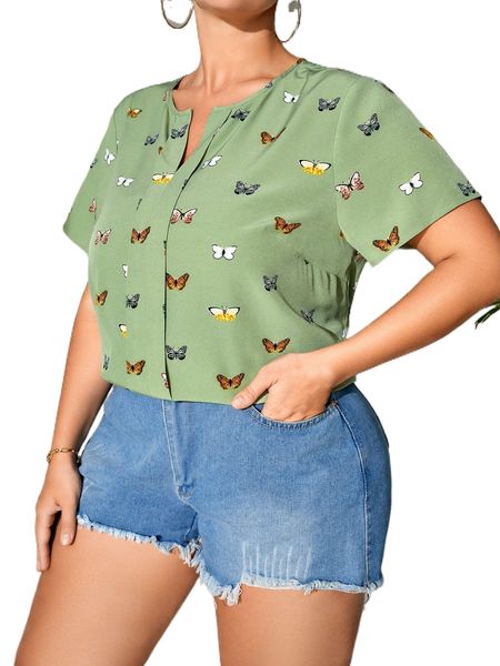 

plus butterfly print notched neck blouse y6ue#, Black