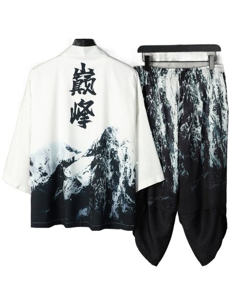 

men chinese letter graphic kimono & drawstring waist pants without tee x2dd#, Gray