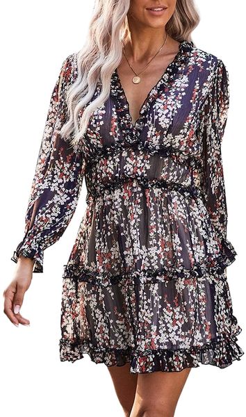 

womens long sleeve floral print mini dress v neck backless swing short dress d49o#, Black;gray