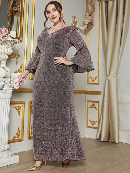 

plus flounce sleeve glitter prom dress 47nb#, Black