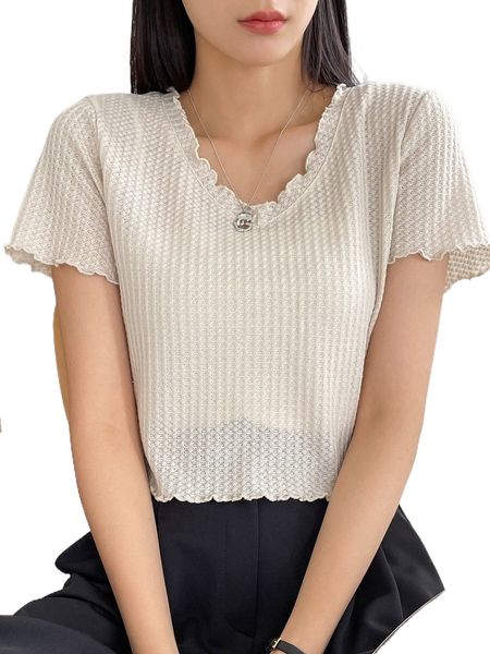 

dazy waffle knit lettuce trim tee l0k9#, White