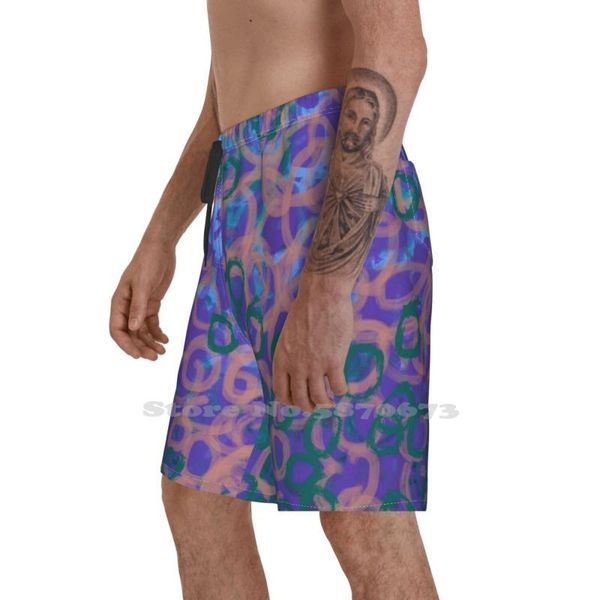 Shorts masculinos Personalidade borbulhável de férias bolhas de praia fluxo de água azul pêssego roxo relaxando diversão colorida colorida