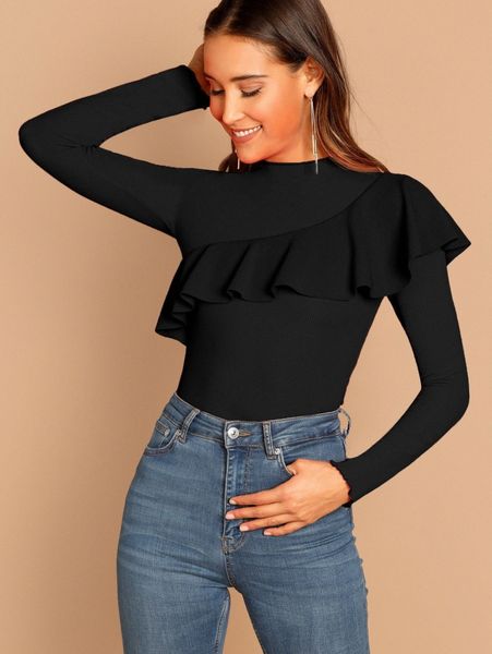 

ruffle trim mock-neck form fitting tee n3ic#, White