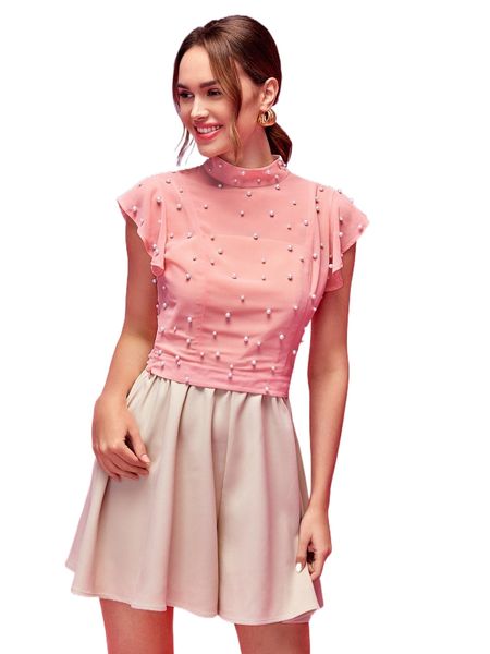 

x anemarie mock neck butterfly sleeve pearl beaded f44s#, White