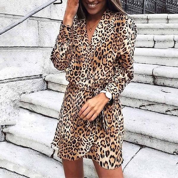 

women long sleeve dress vintage leopard printed dresses casual loose v neck robe bohemian vestidos femme, Black;gray