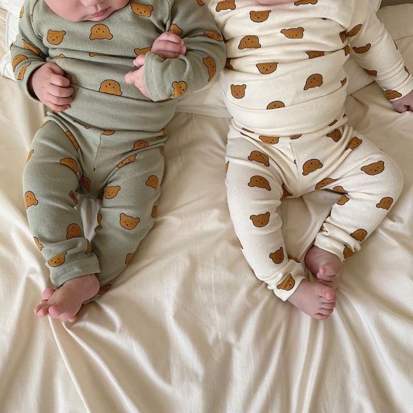 

newborn baby boys set long sleeve bodysuit spring autumn cartoon bear print clothes toddler casual 2pc outfits, White