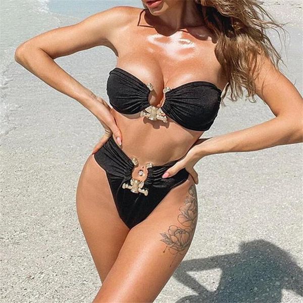 

women's swimwear beach brand design bikini solid color tube high waist swimsuit metal accessories female manufacturers 2022, White;black