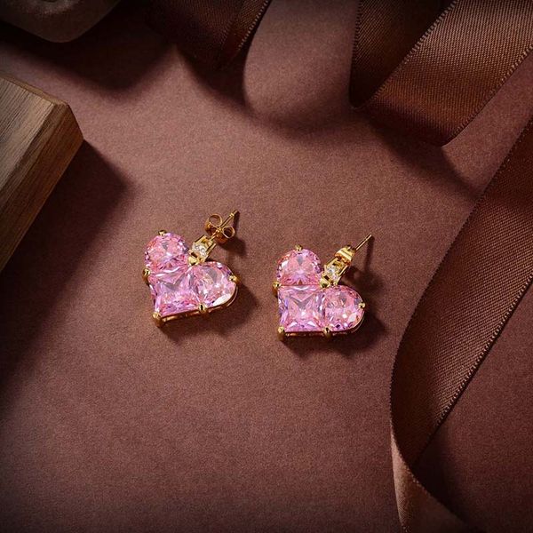 

luxury jewelry heart pink diamond stud simple fine party women wedding designer studs earring gift, Golden;silver