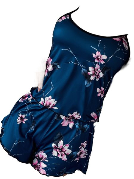 

floral print contrast binding & lettuce trim shorts pj set o819#, Black;red