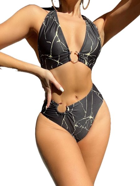 

allover print ring linked halter bikini swimsuit s3so#, White;black