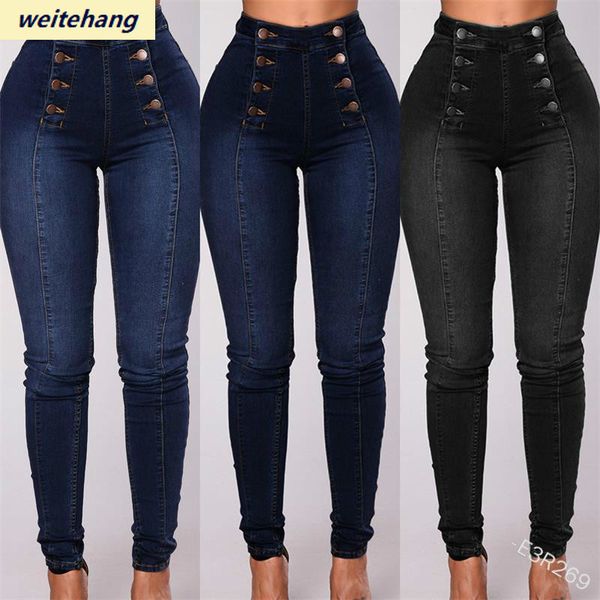 

vintage skinny doublebreasted high waist pencil jeans women slim fit stretch denim pants full length denim tight trousers 88 220526, Blue
