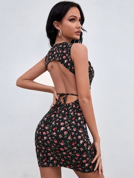 

floral and polka dot print cut out tie back bodycon dress i18i#, Black;gray
