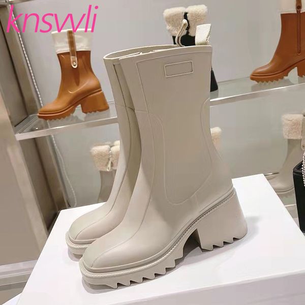 

runway square heels rain shoes women pvc square toe short boots woman spring autumn high heels women rain boots for women, Black;red