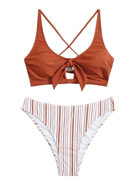 

striped knot front bikini swimsuit a4rs#, White;black