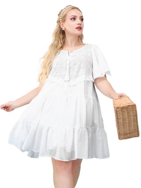

plus contrast eyelet embroidery tassel trim ruffle hem dress 78to#, Black