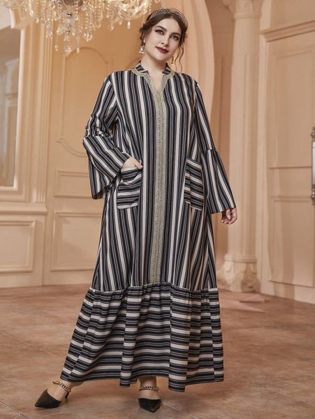 

plus random striped trumpet sleeve patched pocket ruffle hem smock dress x23x#, Black