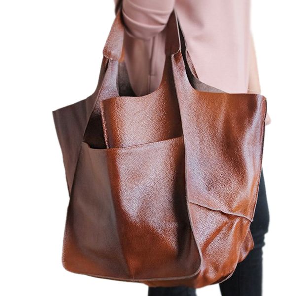 

casual soft large capacity tote women handbags designer aged metal look luxury pu leather shoulder bag retro big shopper purses 220512
