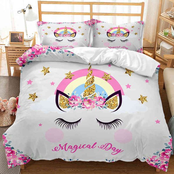 Kawaii Unicorn Bedding Kids Girls Set copripiumino di lusso rosa King Queen Twin Comforter Full Size