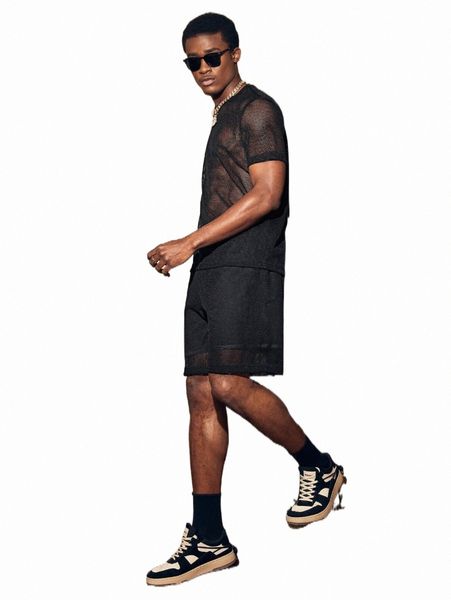 

men solid sheer tee & drawstring waist shorts j7ld#, Gray