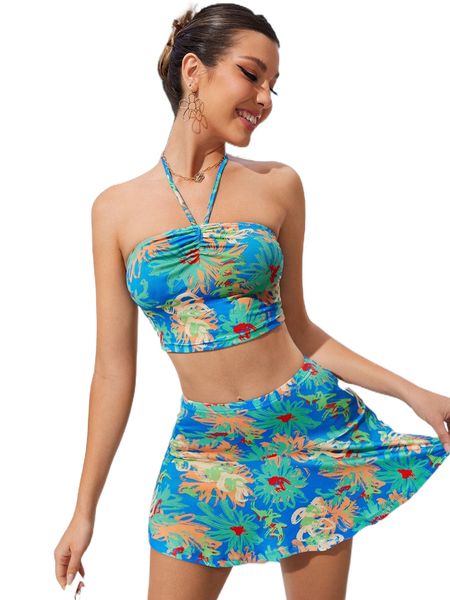 

floral print tie backless halter & ruffle hem skirt e0by#, White