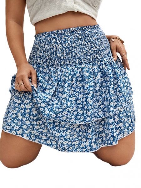

plus ditsy floral shirred waist layered skirt u34x#, Black