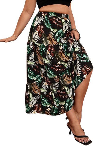 

plus tropical print high waist tiered layer skirt l3bp#, Black