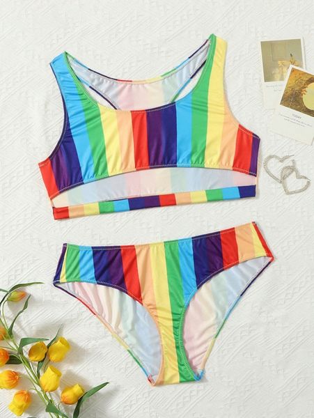 

plus cut-out rainbow striped lingerie set z2fn#, Black;white