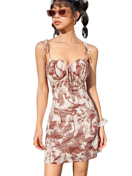 

plant print tie front cami dress x4vl#, Black;gray