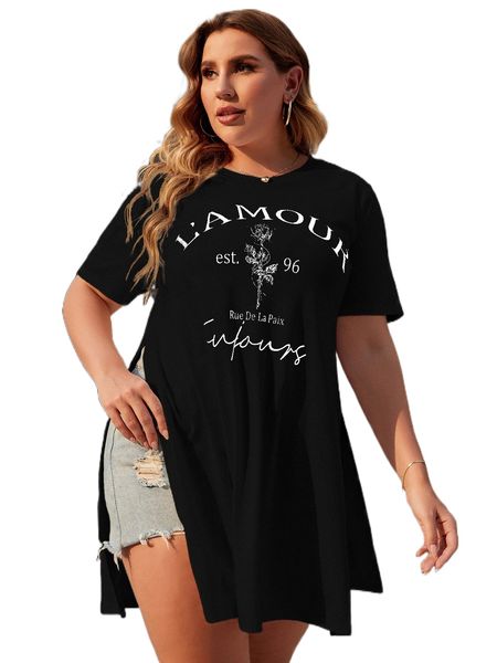 

plus letter graphic split hem longline tee z4ln#, Black