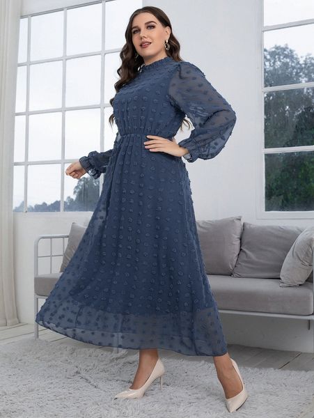 

plus swiss dot frilled neck flounce sleeve dress 25hp#, Black