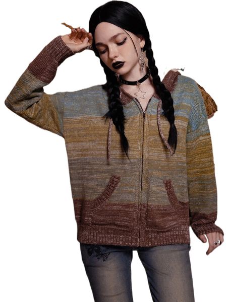 

romwe dark academia space dye zip up drawstring cardigan x778#, White;black