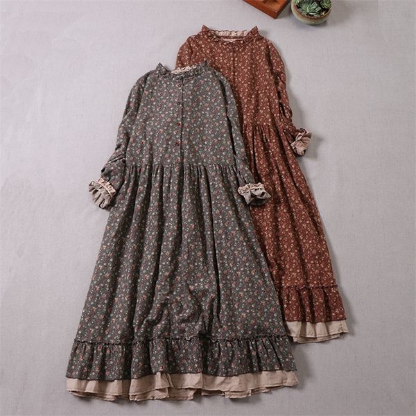 Japanisches Mori-Mädchen-Kunstdruck-Kleid, hübsches Baumwoll-Leinen-Frühlingsfrauen-Blumen-loses, langärmliges Midi-Kleid 220521