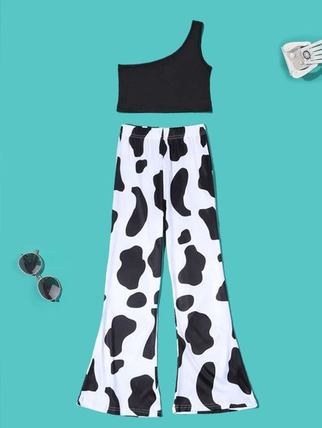 

girls one shoulder & cow print flare leg pants she, White