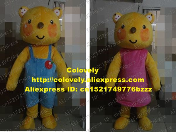 Mascot boneca traje vívido casal amarelo urso mascot traje mascot majestte com pequenos olhos negros grandes bochechas redonda feliz rosto adulto no.3785 fr