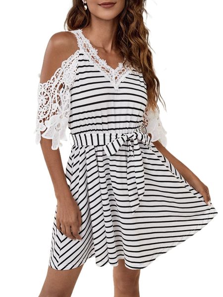 

striped contrast lace belted dress e7uo#, Black;gray