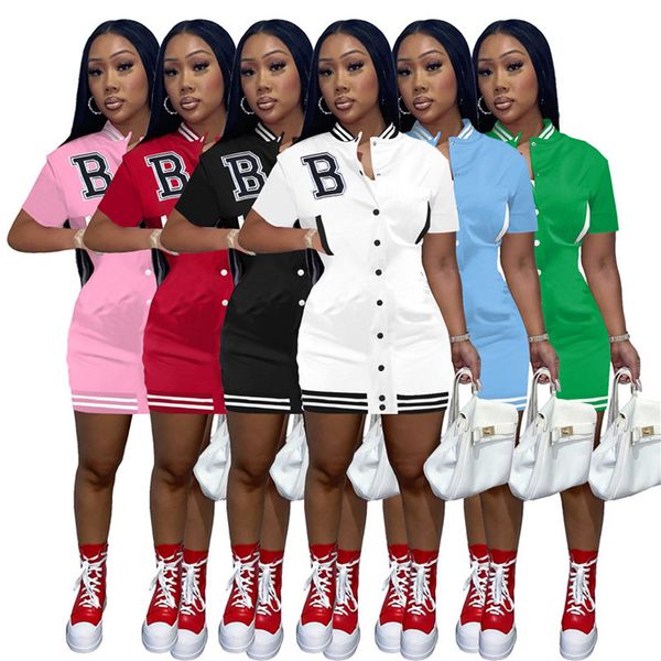 

women's casual dresses american retro letter b embroidery baseball short-sleeved button skirts casual all-match 1 piece dress 7479, Black;gray