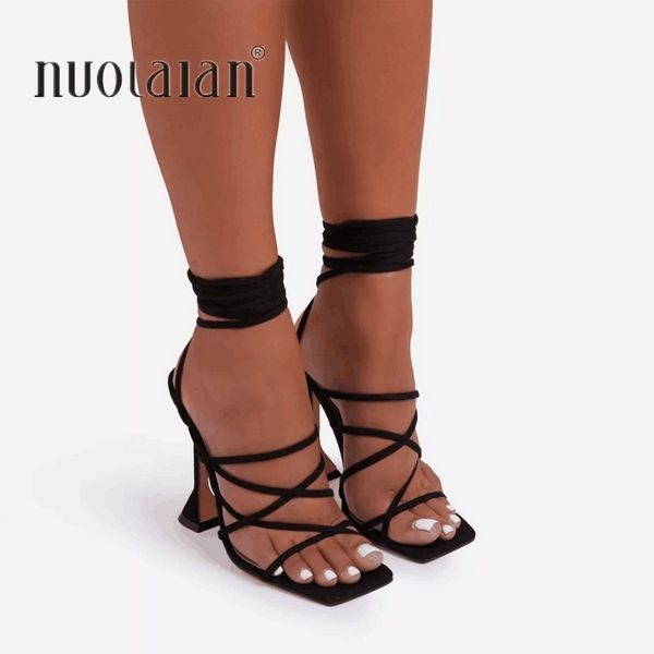 

women summer ankle strap sandals ladies thin high heels party dress shoes female fashion sandal woman square toe shoe 220721, Black