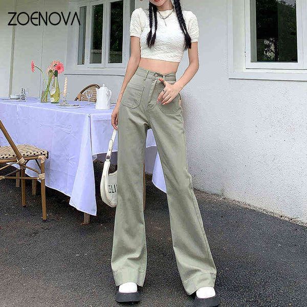 

zoenova women green jeans vintage washed multiple pockets wide pipe pants casual street high waist baggy denim pants ladies l220726, Blue