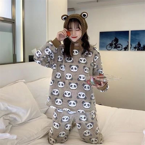 

pajamas for women flannel women's set winter long-sleeved sleepwear cute cartoon suits 220329, Black;red