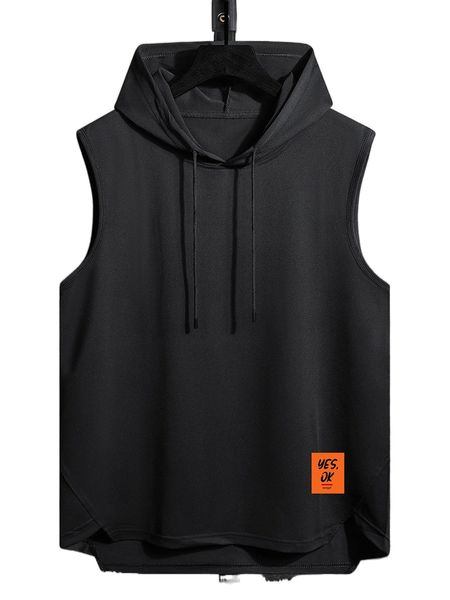 

men letter patched detail drawstring hooded high low hem tank b3j4#, White;black