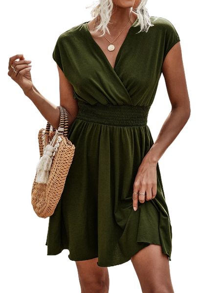 

overlap collar shirred waist dress 47y6#, Black;gray