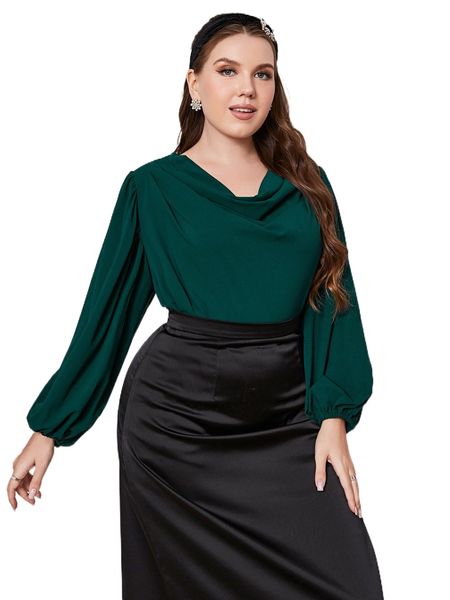 

plus cowl neck bishop sleeve blouse m6gn#, Black