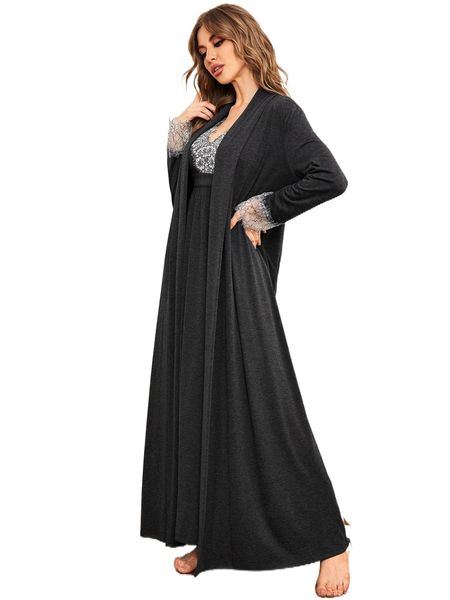 

eyelash lace panel belted sleep robe without dress 082b#, Black;red