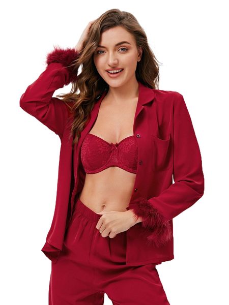 

3pcs fuzzy cuff contrast lace bow detail lounge set d36v#, Black;red