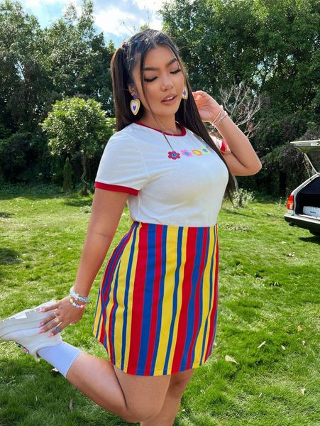 

plus floral print tee & striped skirt set k6we#, Black