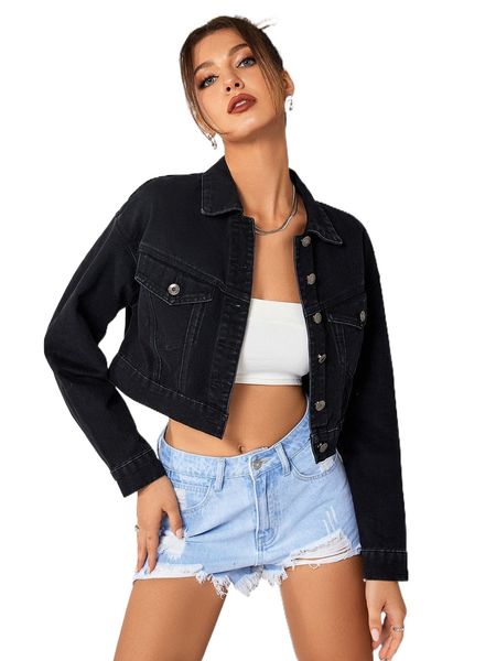 

button front drop shoulder crop denim jacket g31x#, Black;brown